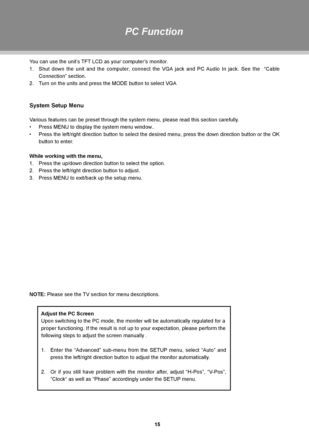 COBY electronic TFTV1925, TFTV2225 instruction manual PC Function, Adjust the PC Screen 