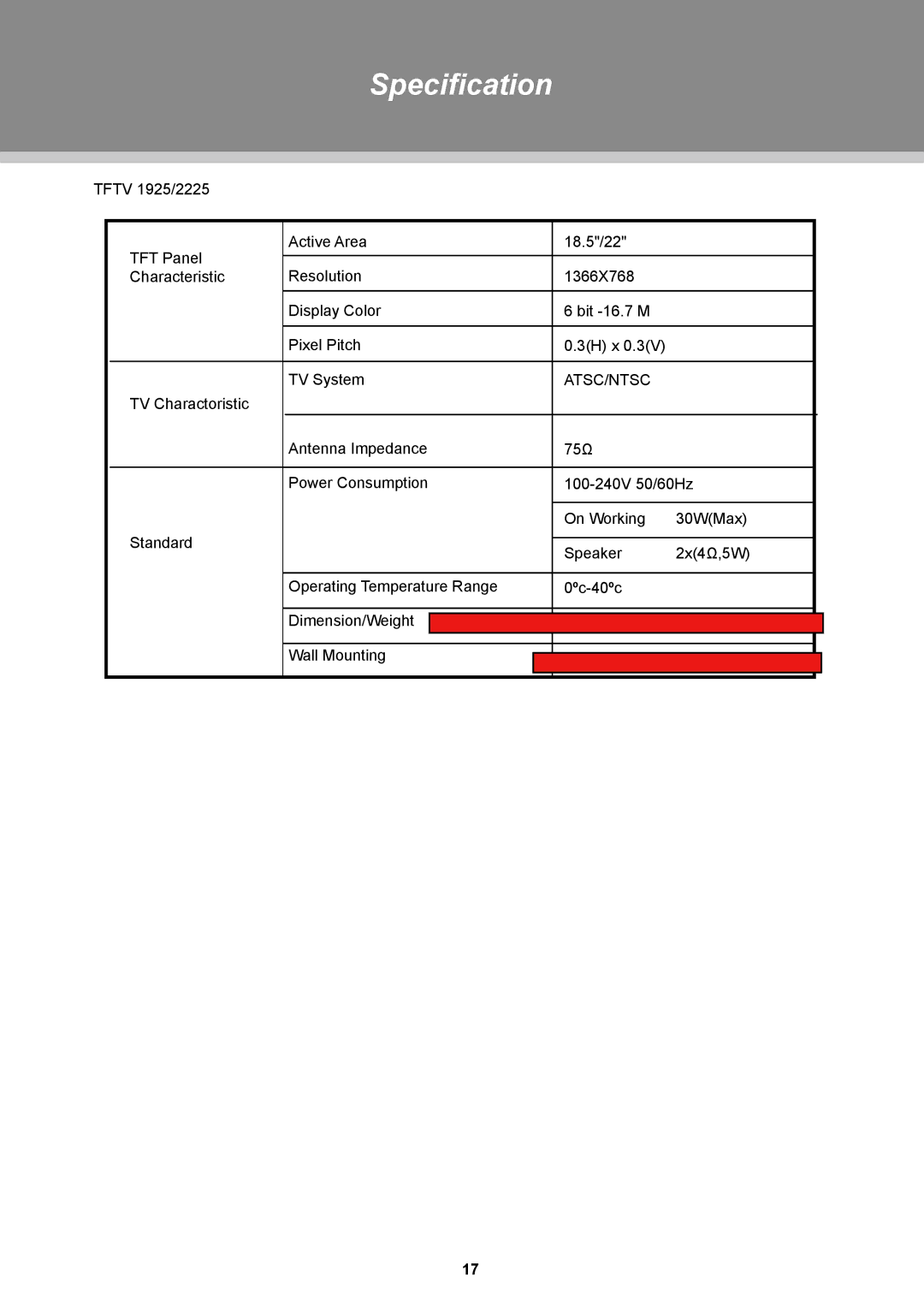 COBY electronic TFTV1925, TFTV2225 instruction manual Specification, Atsc/Ntsc 