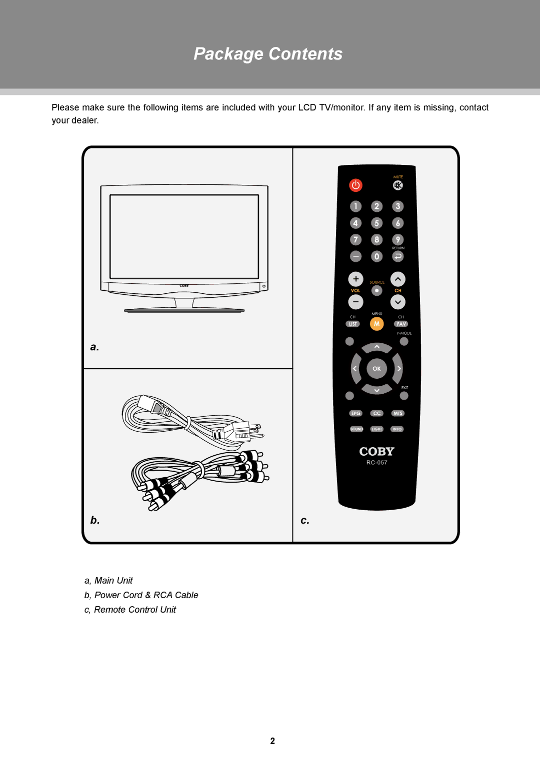 COBY electronic TFTV2225, TFTV1925 instruction manual Package Contents 