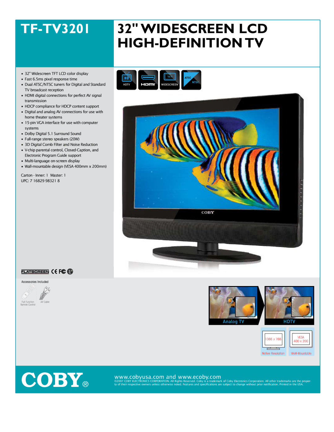 COBY electronic TFTV3201 specifications Coby, TF-TV320132 Widescreen LCD HIGH-DEFINITION TV, TV broadcast reception 