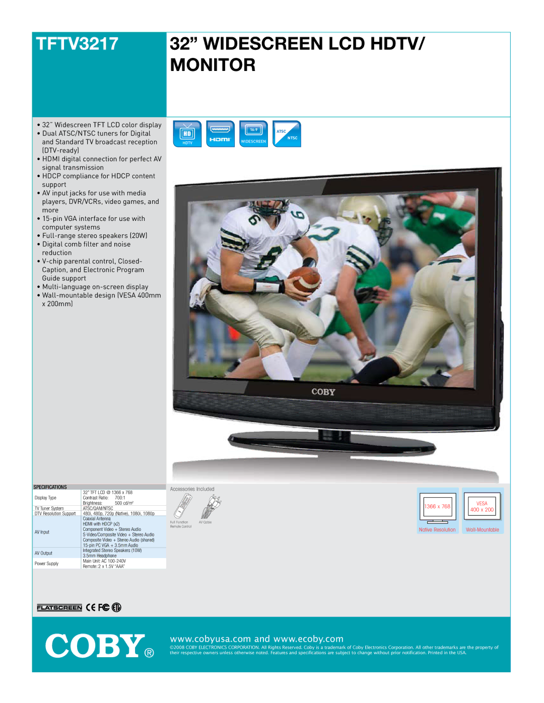 COBY electronic TFTV3217 specifications Widescreen LCD Hdtv Monitor, Specifications 