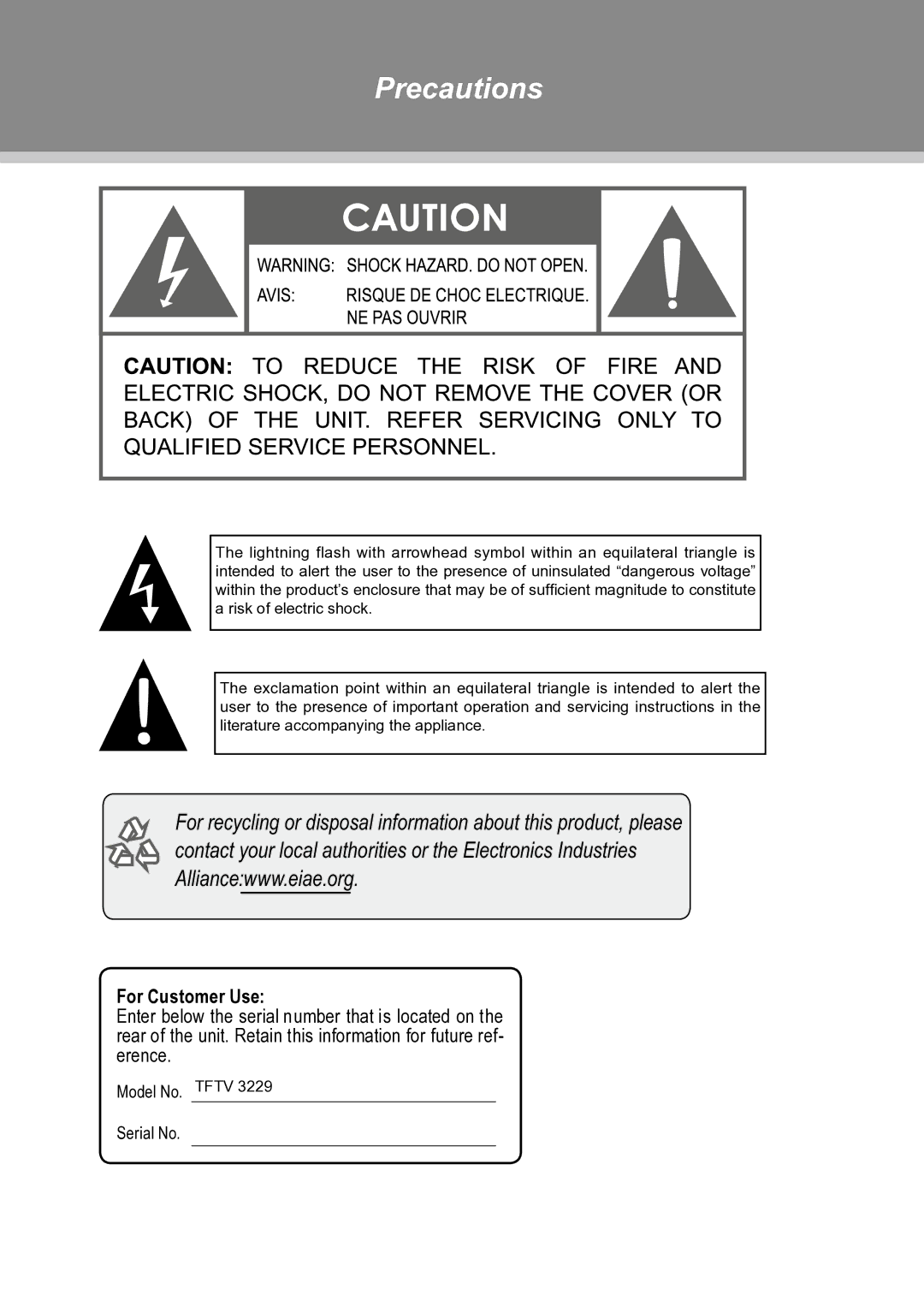 COBY electronic TFTV3229 manual Precautions, For Customer Use 