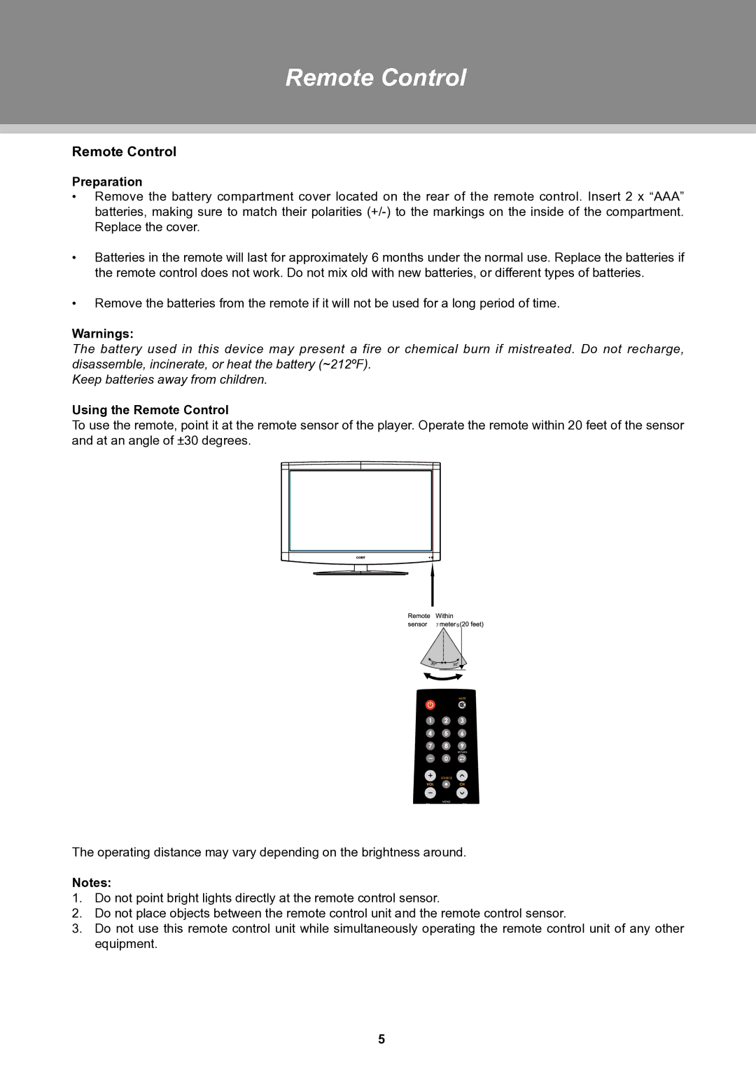 COBY electronic TFTV3229 manual Preparation, Using the Remote Control 