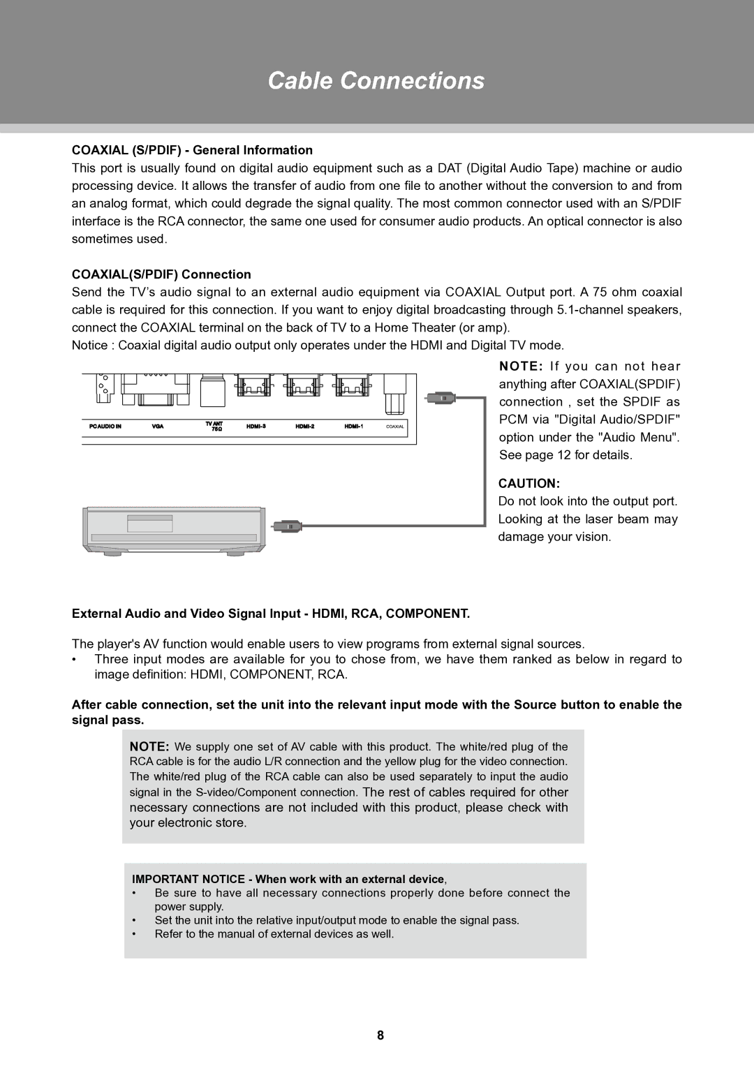 COBY electronic TFTV3229 manual Coaxial S/PDIF General Information, COAXIALS/PDIF Connection 