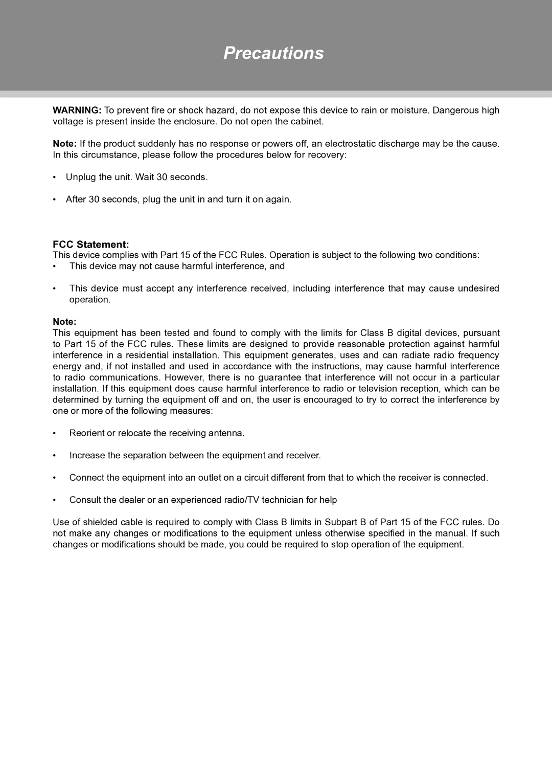 COBY electronic TFTV3229 manual FCC Statement 