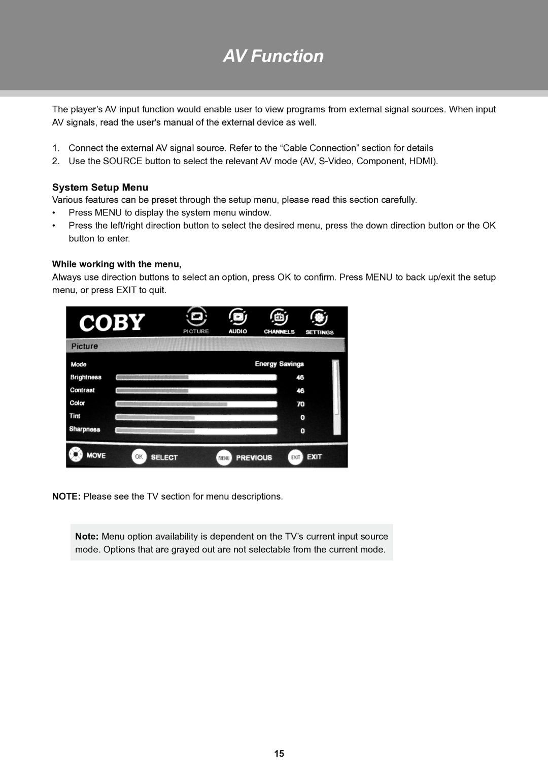 COBY electronic TFTV3229 manual AV Function, System Setup Menu 