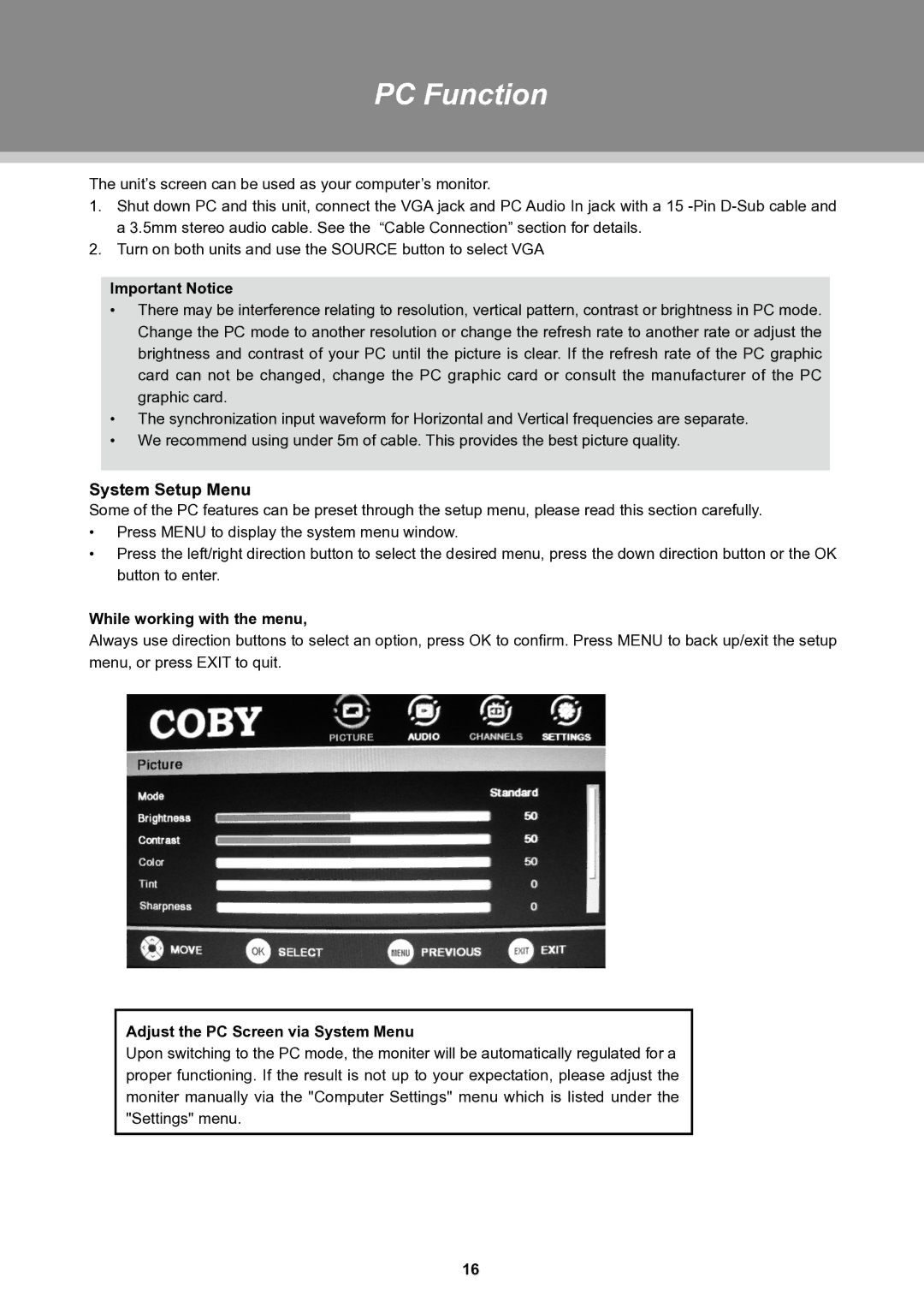 COBY electronic TFTV3229 manual PC Function, Important Notice, Adjust the PC Screen via System Menu 