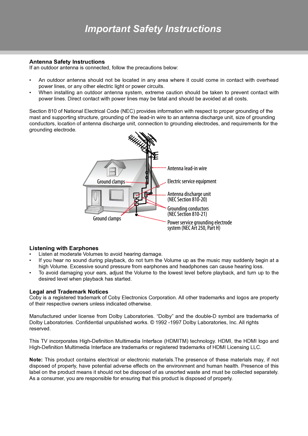 COBY electronic TFTV3229 manual Antenna Safety Instructions, Listening with Earphones, Legal and Trademark Notices 