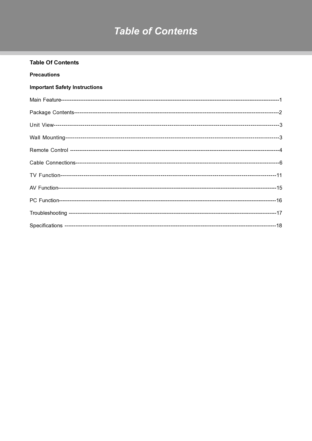 COBY electronic TFTV3229 manual Table of Contents 