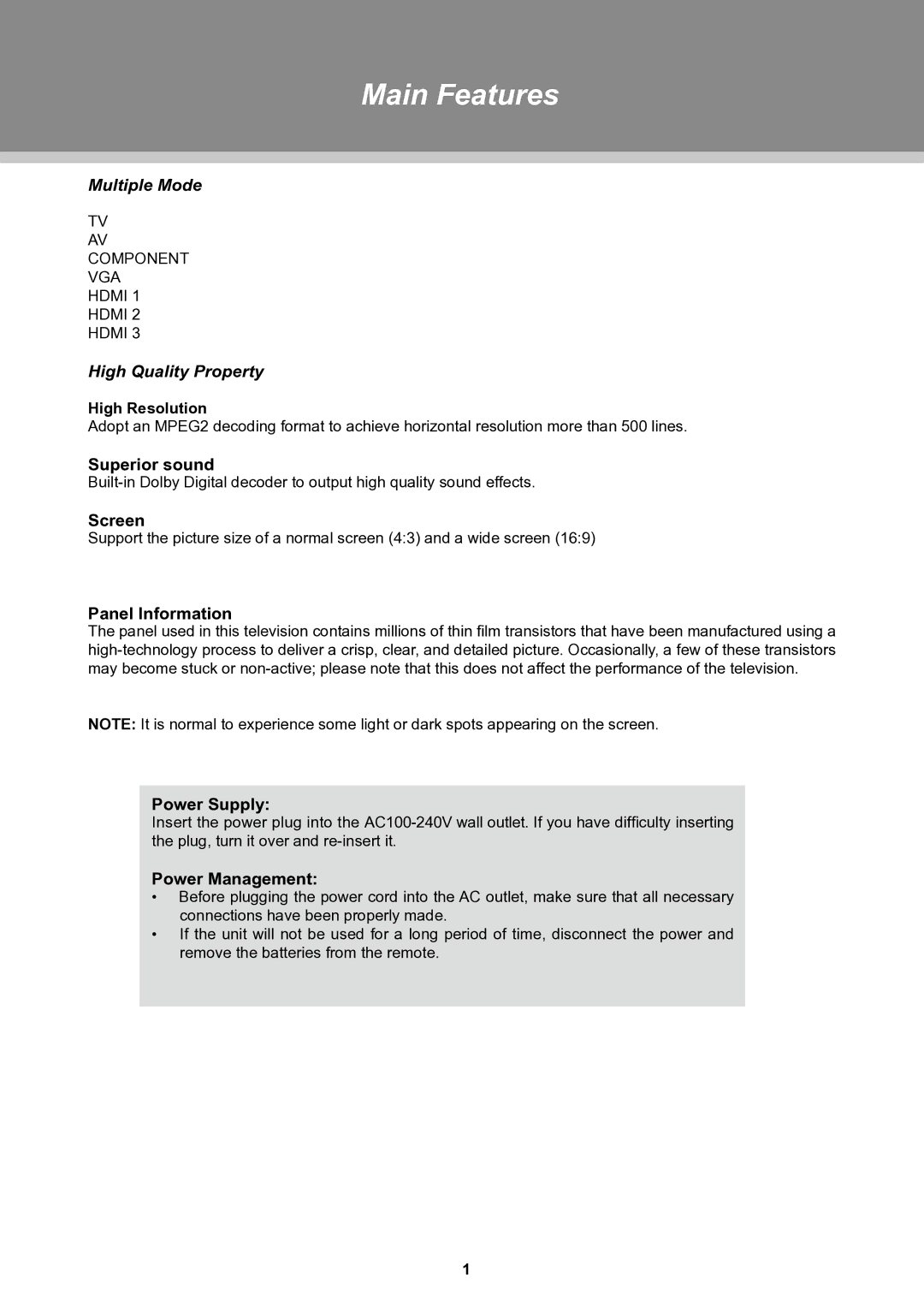 COBY electronic TFTV3229 manual Main Features 