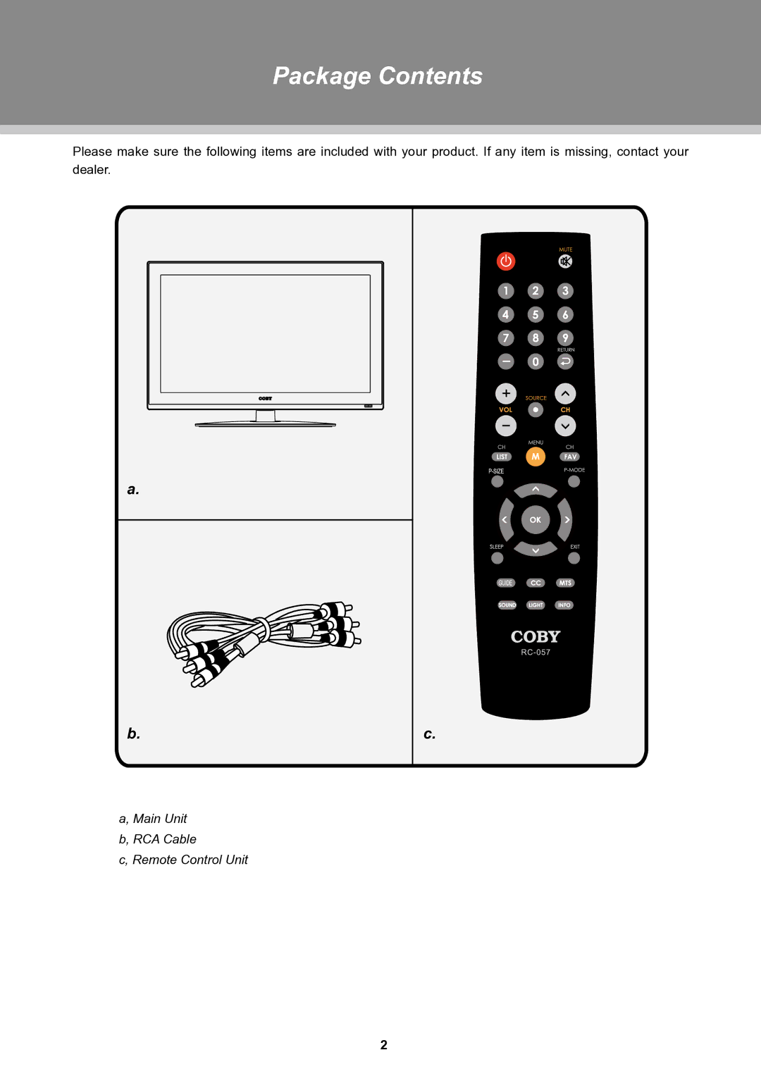 COBY electronic TFTV3229 manual Package Contents 