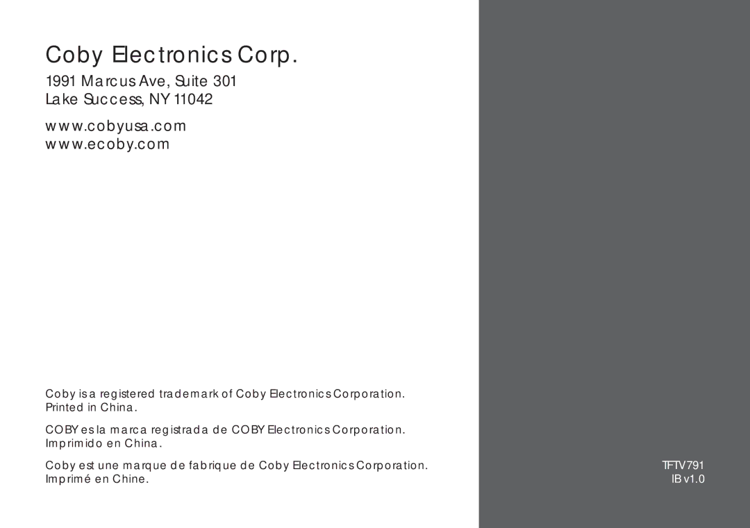 COBY electronic TFTV791 instruction manual Coby Electronics Corp 