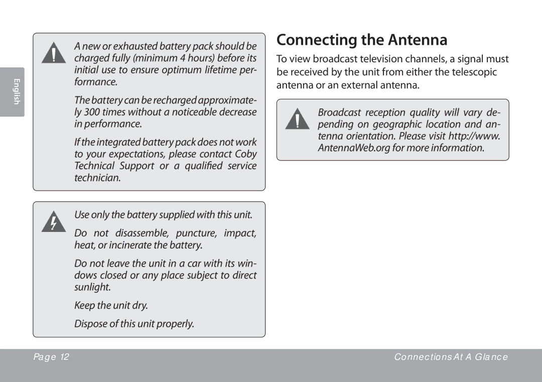 COBY electronic TFTV791 instruction manual Connecting the Antenna 