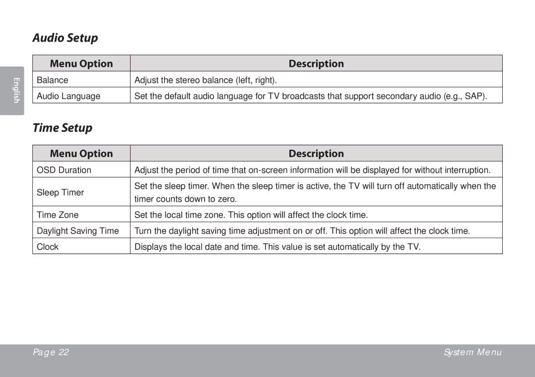 COBY electronic TFTV791 instruction manual Audio Setup, Time Setup 