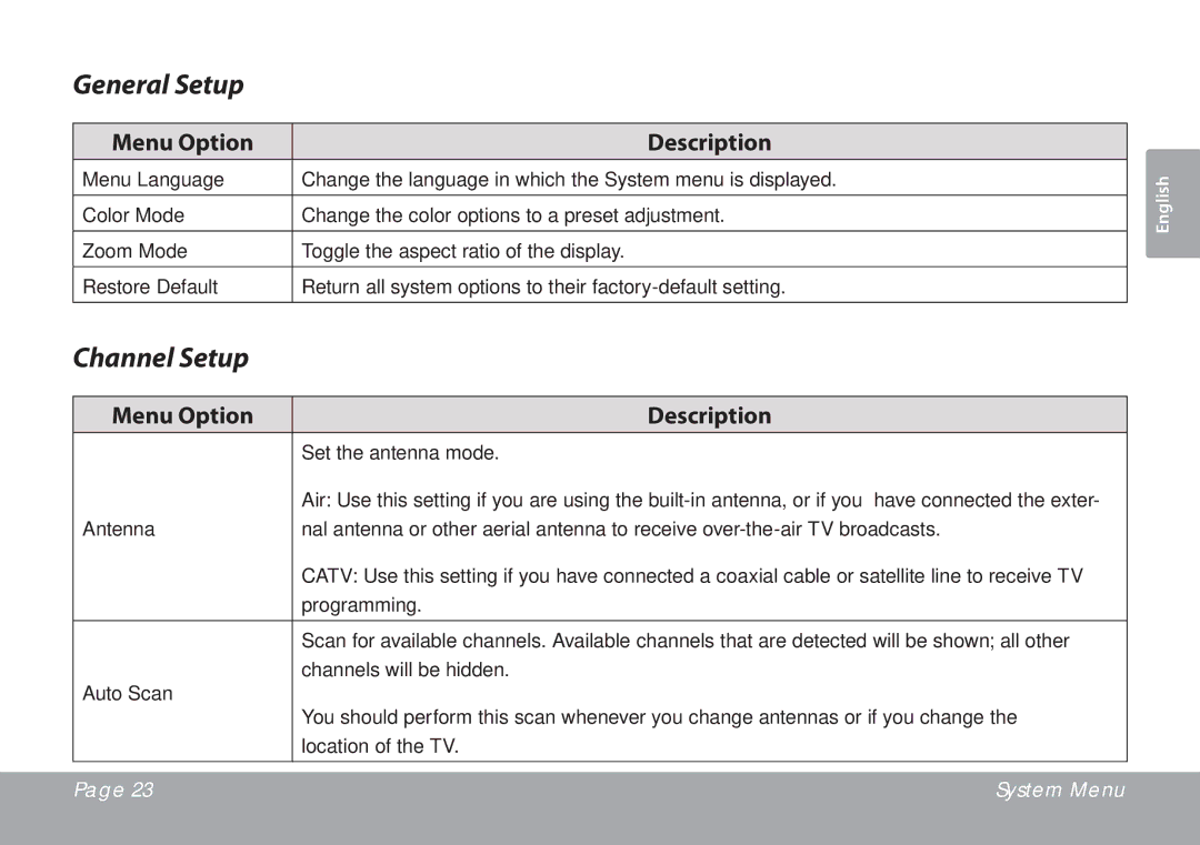 COBY electronic TFTV791 instruction manual General Setup, Channel Setup 