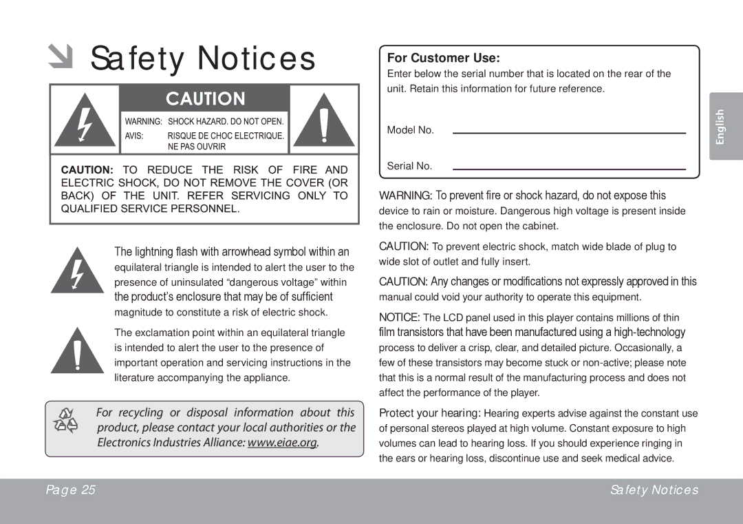 COBY electronic TFTV791 instruction manual ÂÂSafety Notices, For Customer Use 