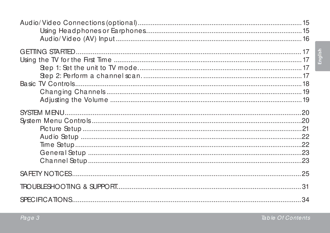 COBY electronic TFTV791 Getting Started, System Menu, Safety Notices Troubleshooting & Support Specifications 