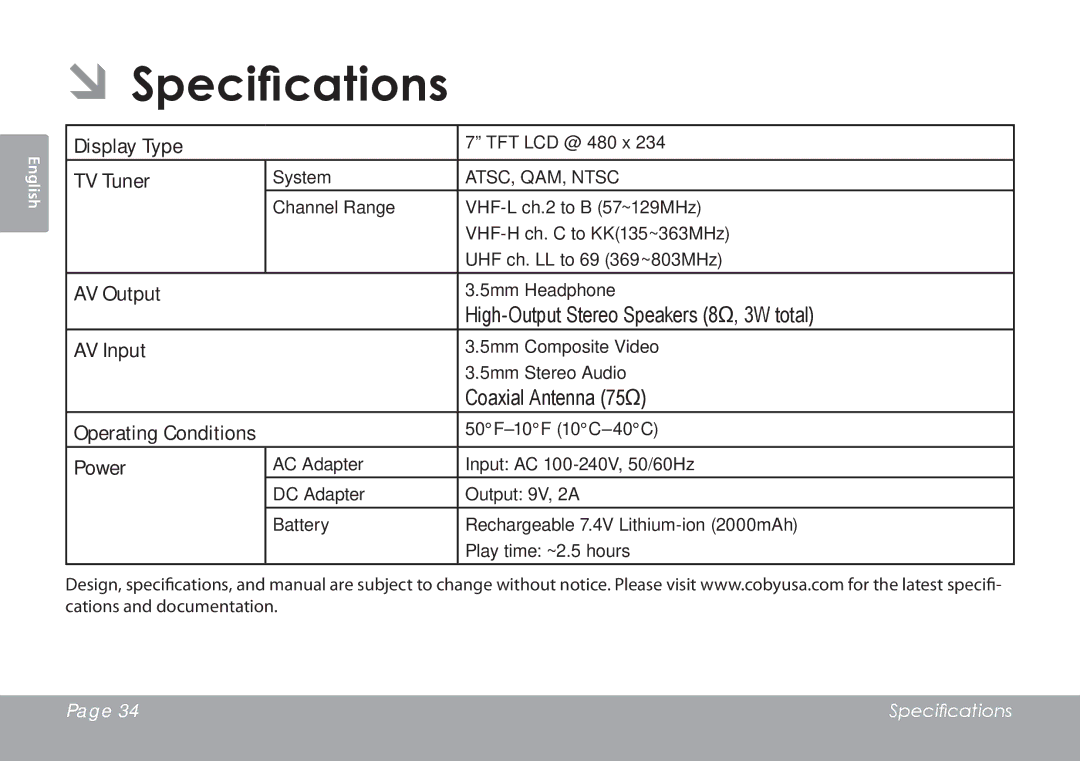 COBY electronic TFTV791 instruction manual ÂÂSpecifications 