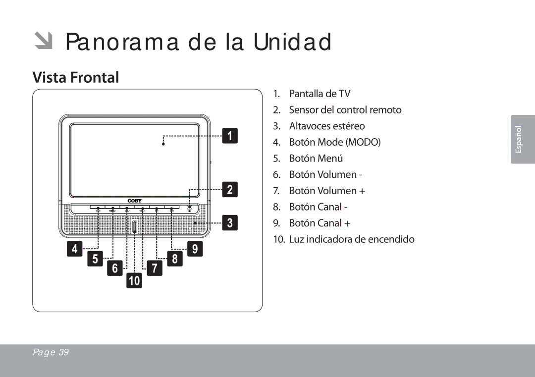 COBY electronic TFTV791 instruction manual ÂÂPanorama de la Unidad, Vista Frontal 