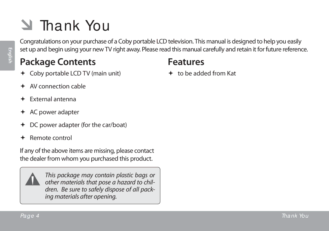 COBY electronic TFTV791 instruction manual ÂÂThank You, Package Contents Features 