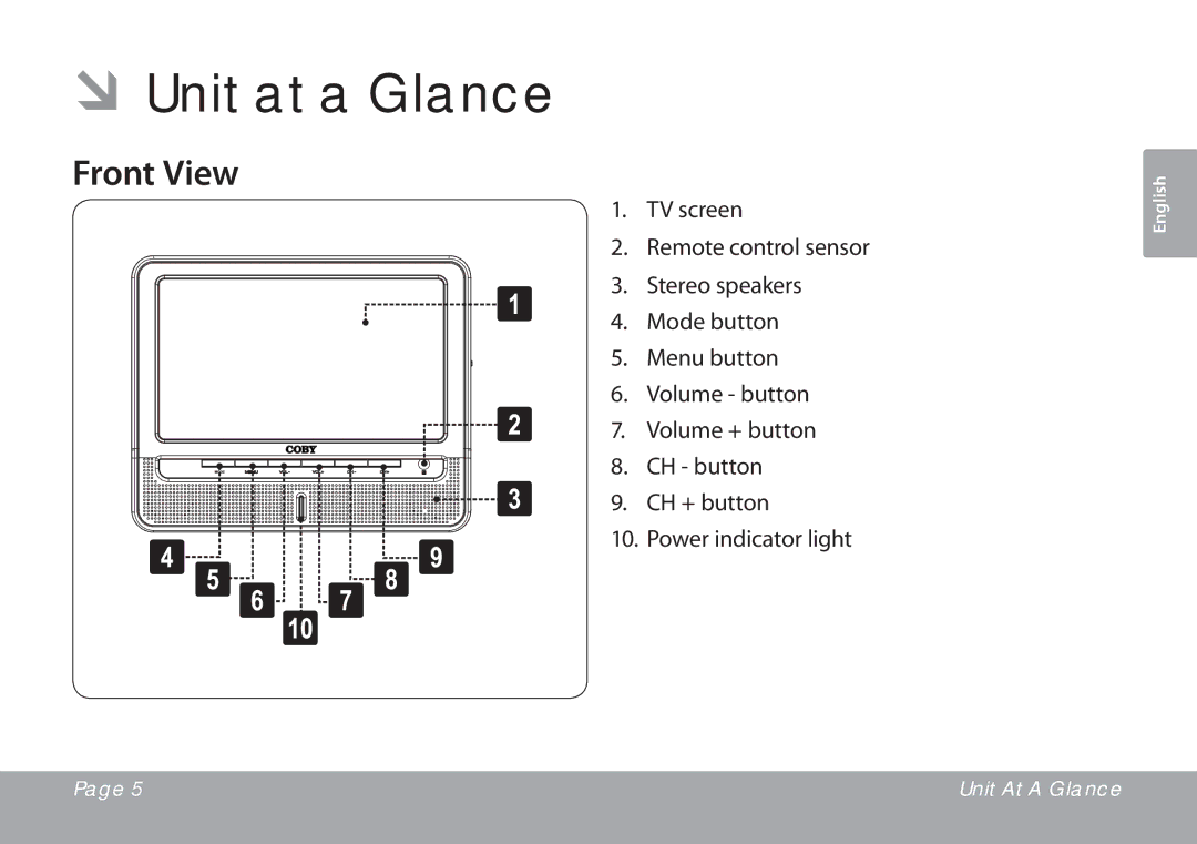 COBY electronic TFTV791 instruction manual ÂÂUnit at a Glance, Front View 