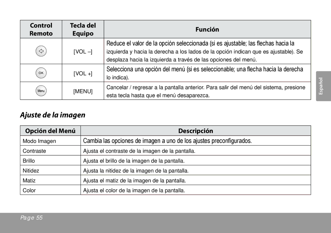 COBY electronic TFTV791 instruction manual Ajuste de la imagen, Opción del Menú Descripción 