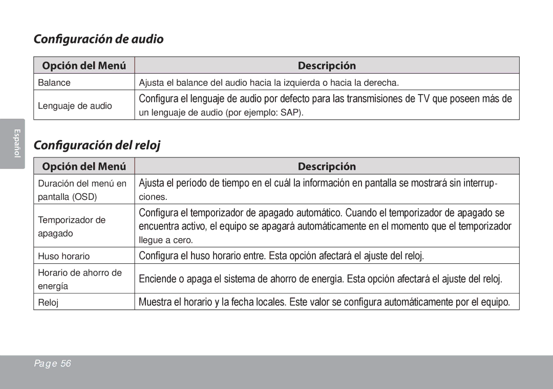 COBY electronic TFTV791 instruction manual Configuración de audio, Configuración del reloj 