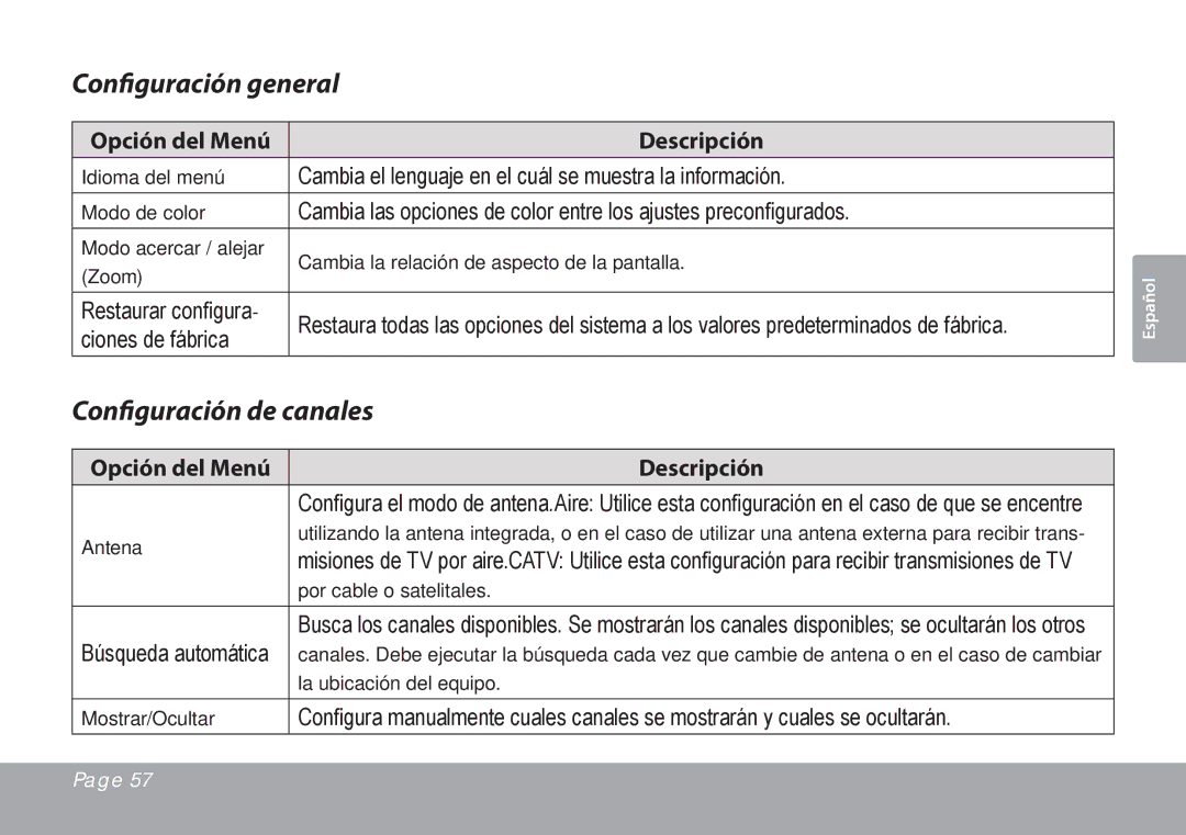 COBY electronic TFTV791 instruction manual Configuración general, Configuración de canales 