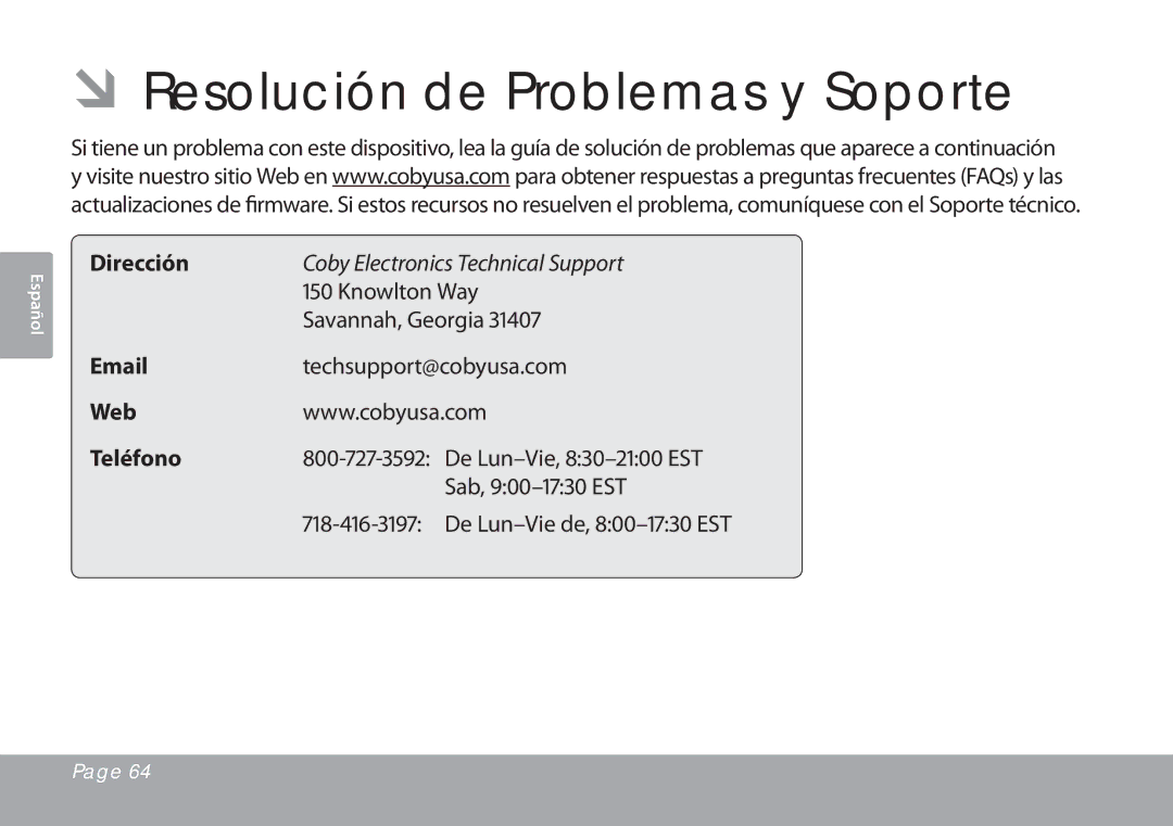 COBY electronic TFTV791 instruction manual ÂÂResolución de Problemas y Soporte, Dirección, Web Teléfono 