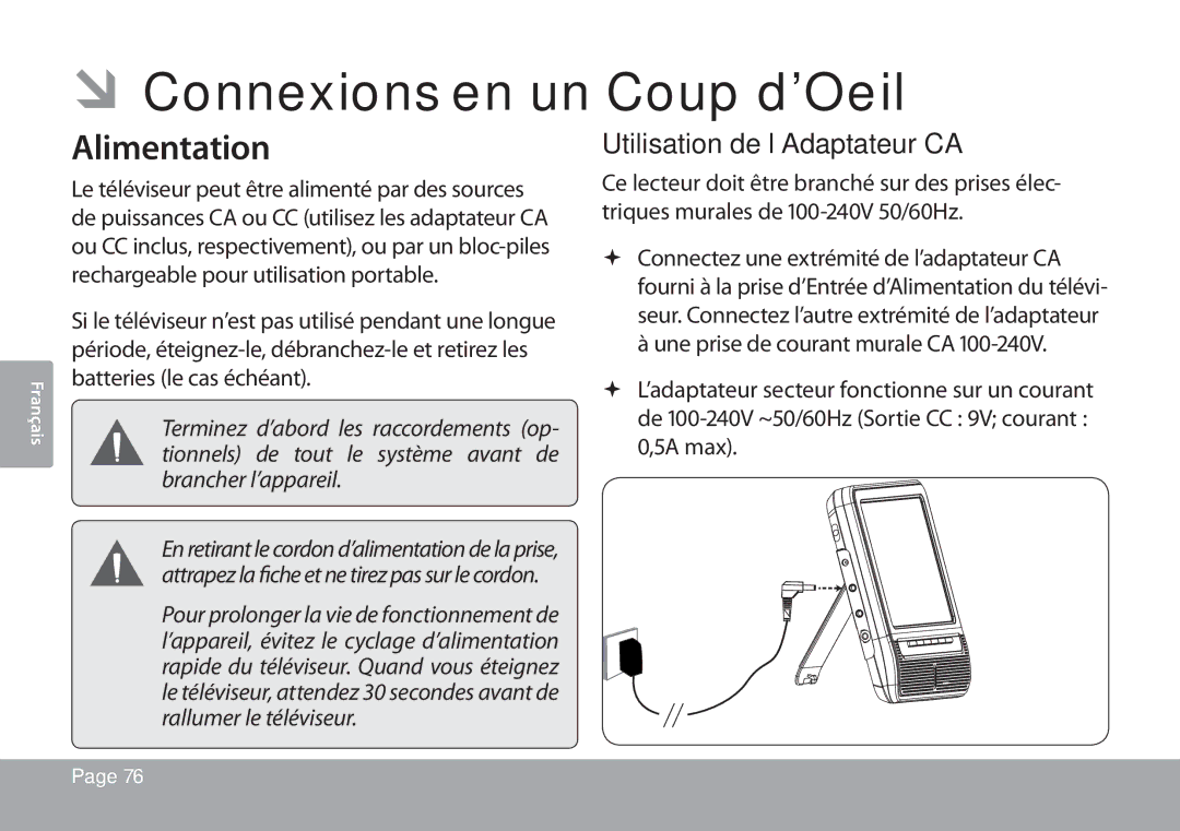 COBY electronic TFTV791 instruction manual Coup d’Oeil, Alimentation, Utilisation de l’Adaptateur CA 