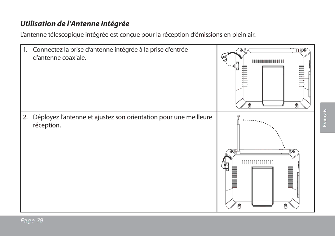 COBY electronic TFTV791 instruction manual Utilisation de l’Antenne Intégrée 