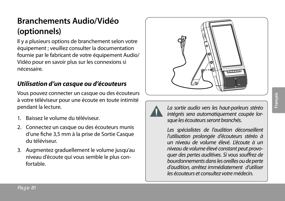 COBY electronic TFTV791 instruction manual Branchements Audio/Vidéo optionnels, Utilisation d’un casque ou d’écouteurs 