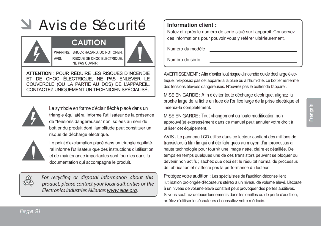 COBY electronic TFTV791 instruction manual ÂÂAvis de Sécurité, Information client 