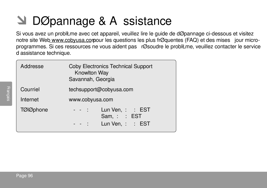 COBY electronic TFTV791 instruction manual ÂÂDépannage & Assistance, Addresse, Courriel, Internet Téléphone 