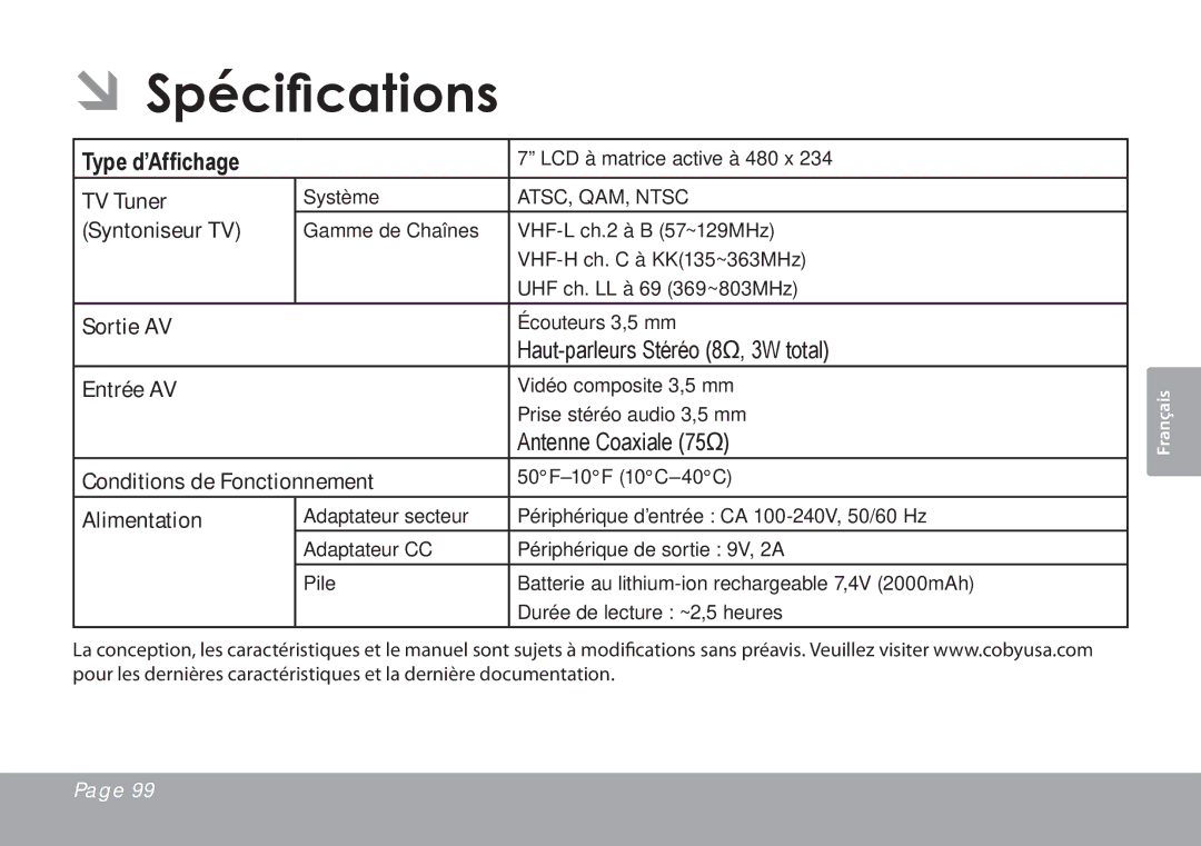 COBY electronic TFTV791 instruction manual ÂÂSpécifications 