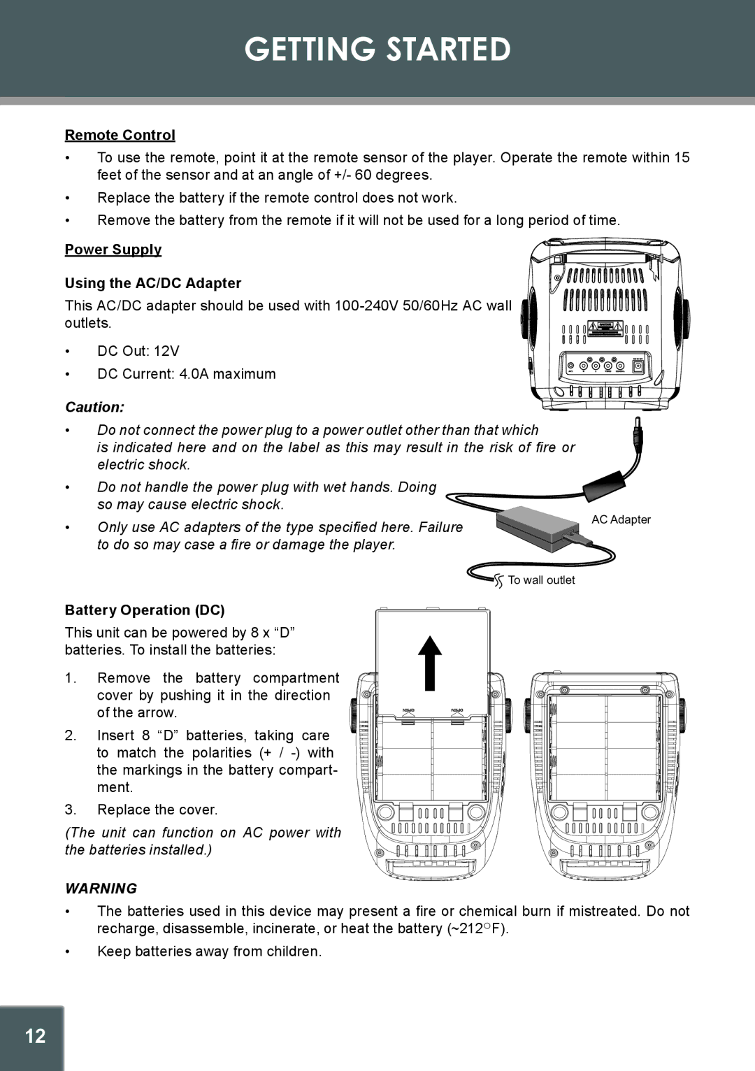 COBY electronic TV-DVD1260 instruction manual Getting Started, Power Supply Using the AC/DC Adapter, Battery Operation DC 