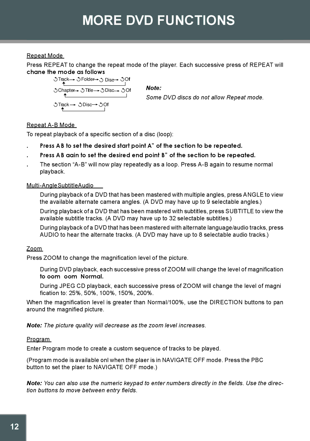 COBY electronic TV-DVD1260 instruction manual Repeat Mode, Repeat A-B Mode, Multi-Angle/Subtitle/Audio, Zoom, Program 