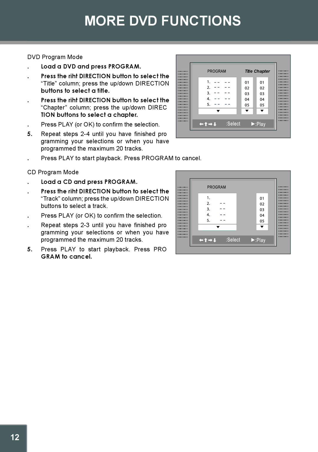 COBY electronic TV-DVD1260 instruction manual DVD Program Mode, CD Program Mode 