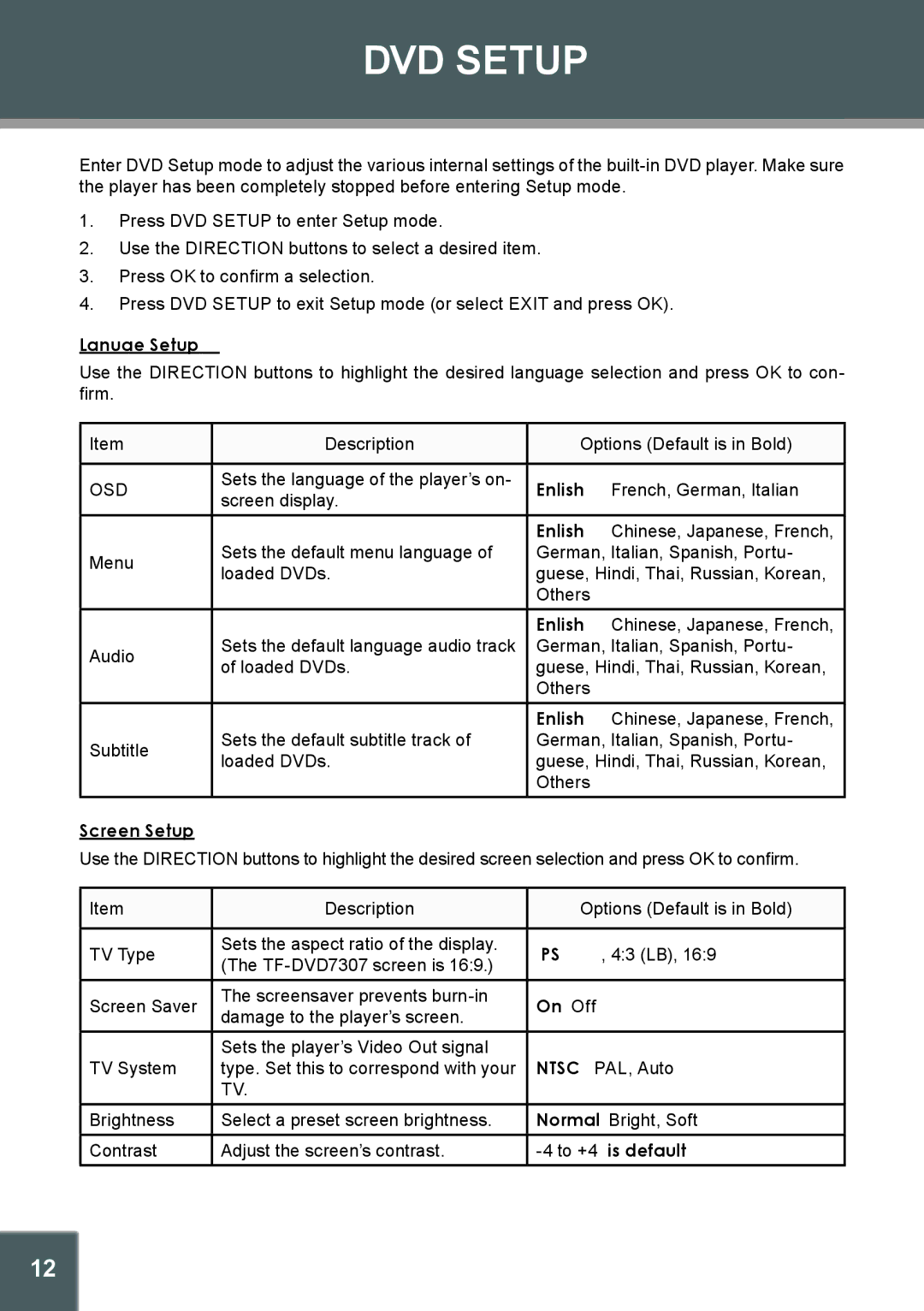 COBY electronic TV-DVD1260 instruction manual DVD Setup, Language Setup, Screen Setup, On, Off, To +4 0 is default 