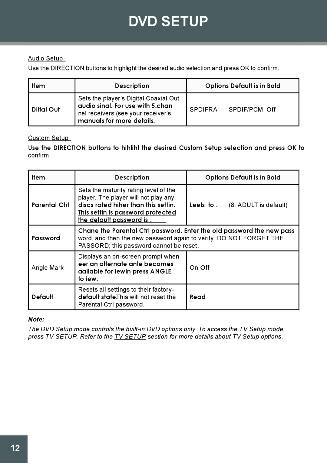 COBY electronic TV-DVD1260 Audio Setup, Custom Setup, Levels 1 to 8 Adult is default, Parental Ctrl password 