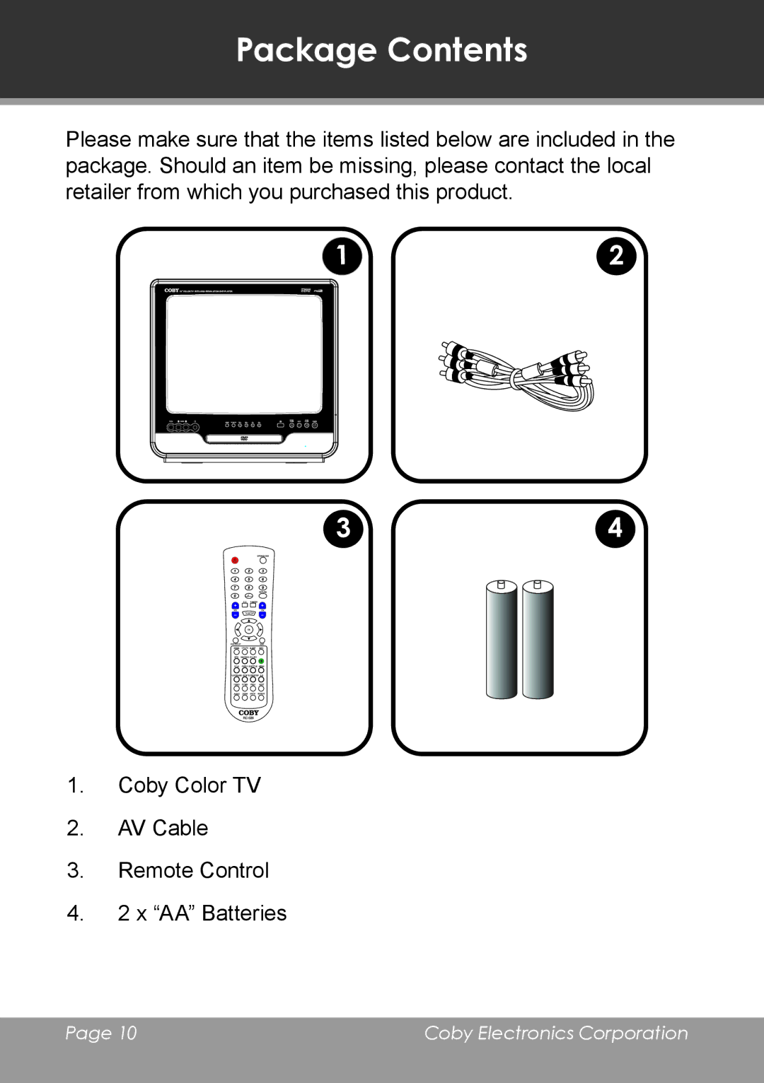 COBY electronic TV-DVD2090, TV-DVD1390 instruction manual Package Contents 