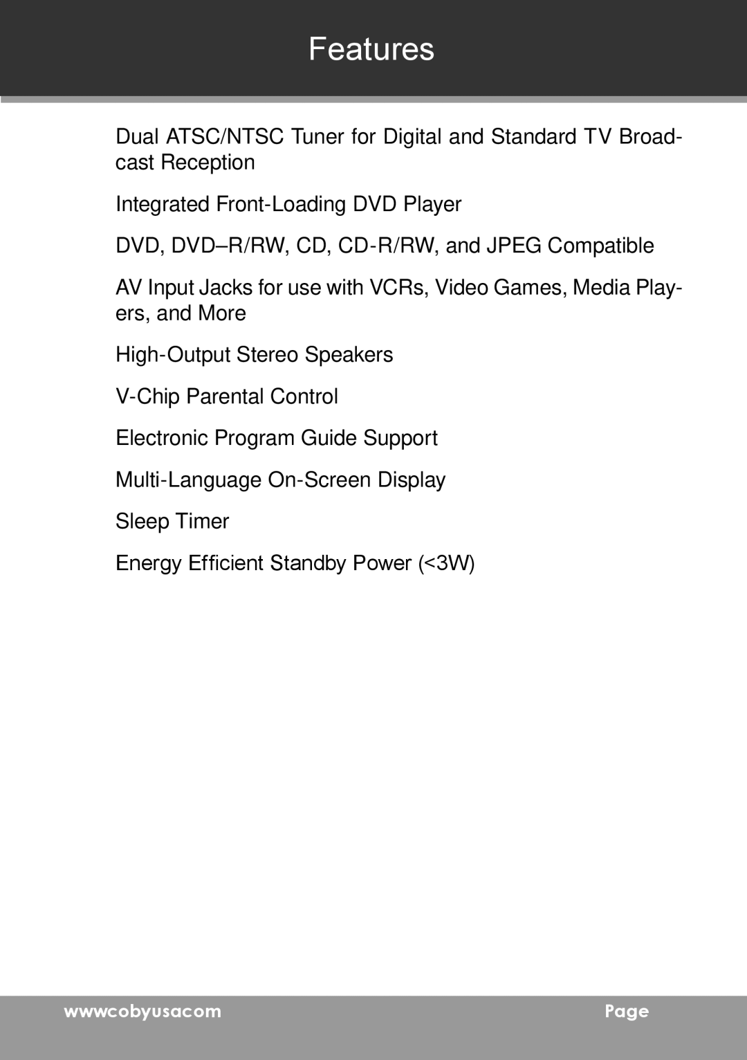 COBY electronic TV-DVD1390, TV-DVD2090 instruction manual Features 