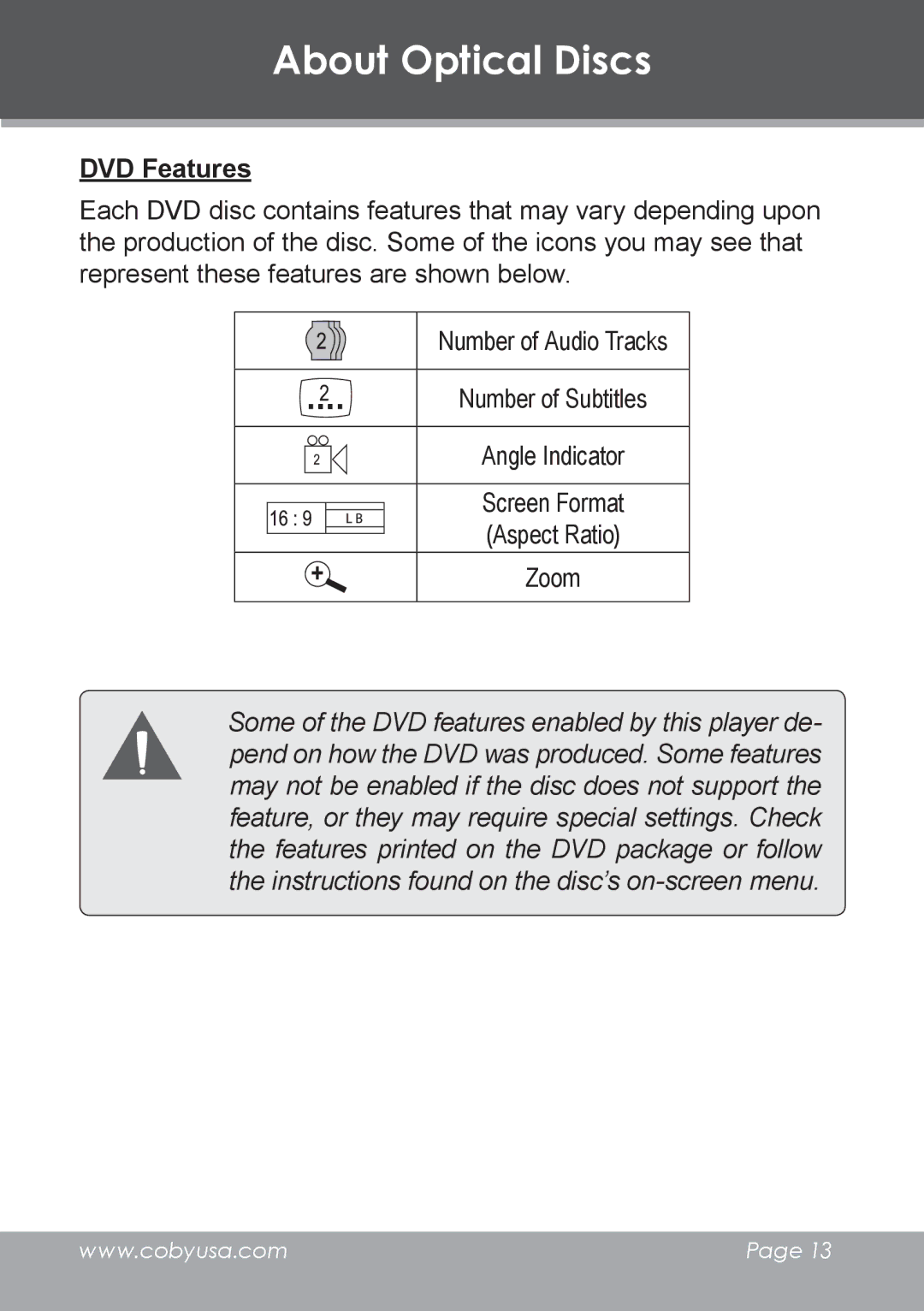 COBY electronic TV-DVD1390, TV-DVD2090 instruction manual DVD Features 