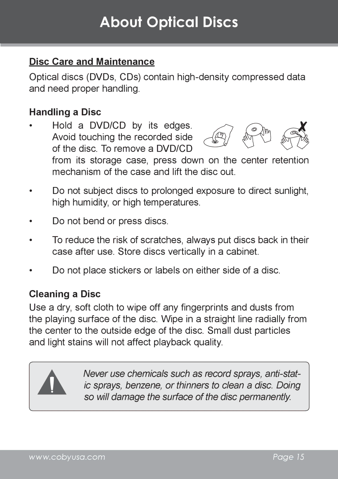 COBY electronic TV-DVD1390, TV-DVD2090 instruction manual Disc Care and Maintenance, Handling a Disc, Cleaning a Disc 