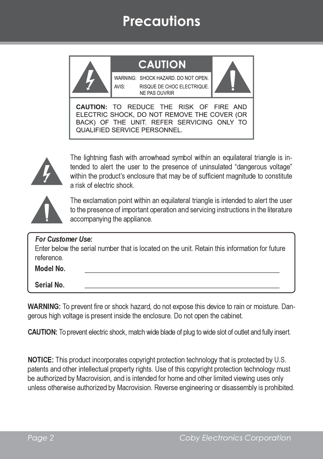 COBY electronic TV-DVD2090, TV-DVD1390 instruction manual Precautions, For Customer Use 