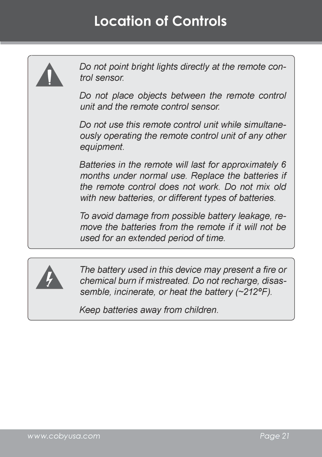 COBY electronic TV-DVD1390, TV-DVD2090 instruction manual Keep batteries away from children 