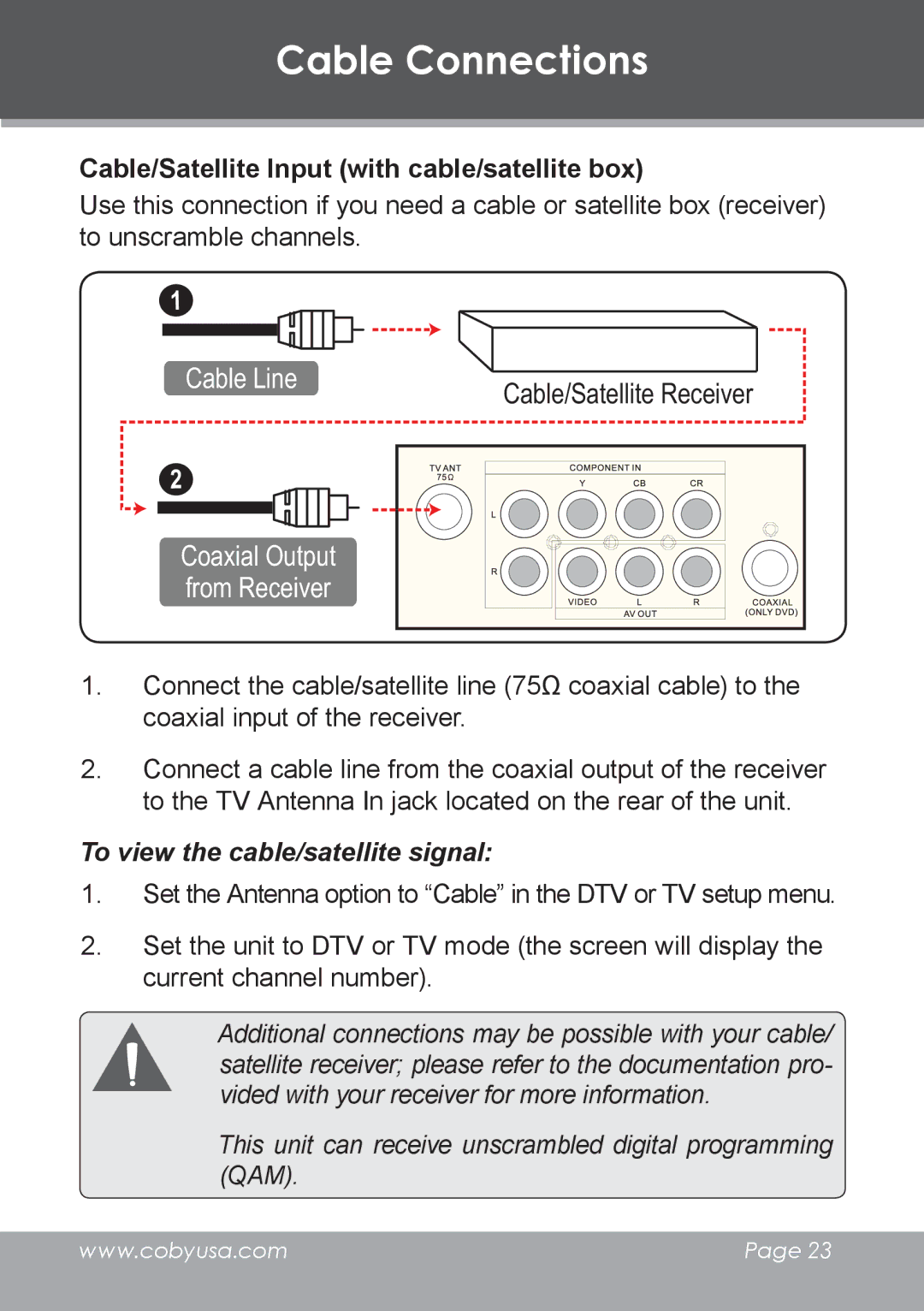 COBY electronic TV-DVD1390, TV-DVD2090 Cable/Satellite Input with cable/satellite box, To view the cable/satellite signal 