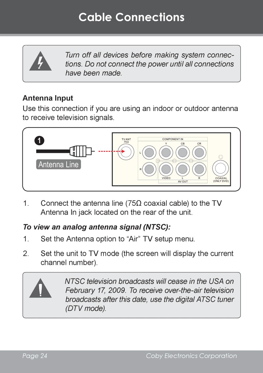 COBY electronic TV-DVD2090, TV-DVD1390 instruction manual Antenna Input, To view an analog antenna signal Ntsc 