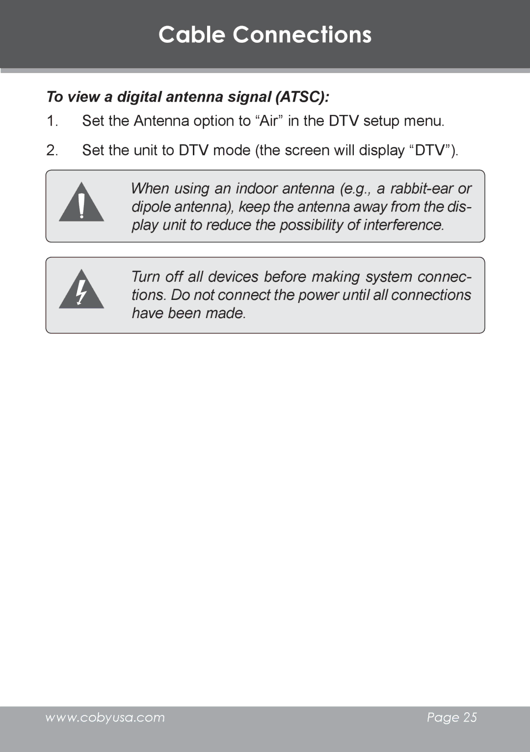 COBY electronic TV-DVD1390, TV-DVD2090 instruction manual To view a digital antenna signal Atsc 