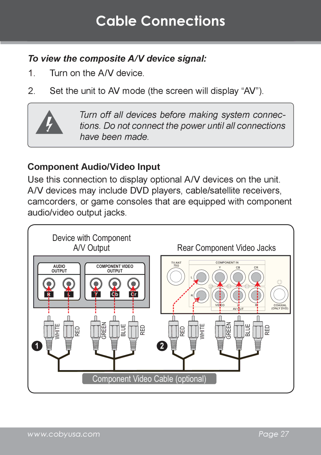 COBY electronic TV-DVD1390 To view the composite A/V device signal, Component Audio/Video Input, Device with Component 